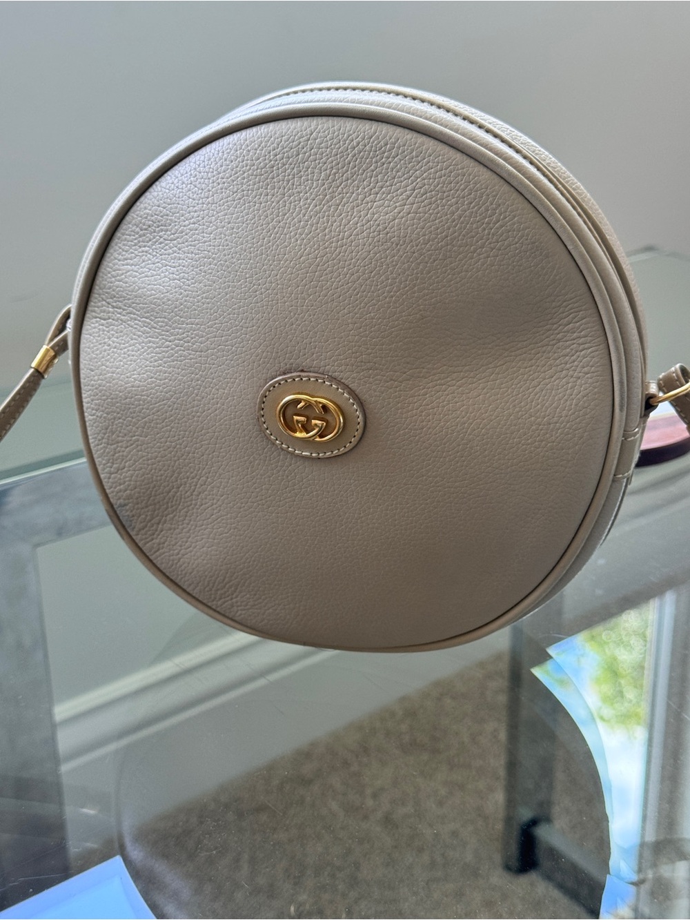 Gucci Taupe Round Leather Crossbody with Gold Logo